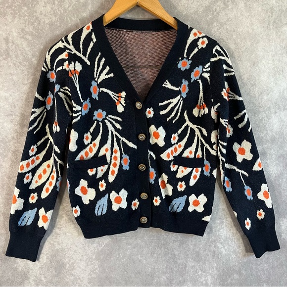 Sweaters - Floral 100% Cashmere Cardigan Women EU 38 / US 6 Blue White Button Stretch Boho